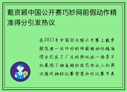 戴资颖中国公开赛巧妙网前假动作精准得分引发热议 戴资颖中国公开赛巧妙网前假动作精准得分引发热议